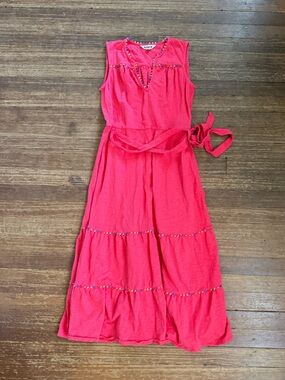 Boden Tara Trim Tiered Jersey Dress Coral Pink Pom-Pom Trim Maxi Dress Size 6